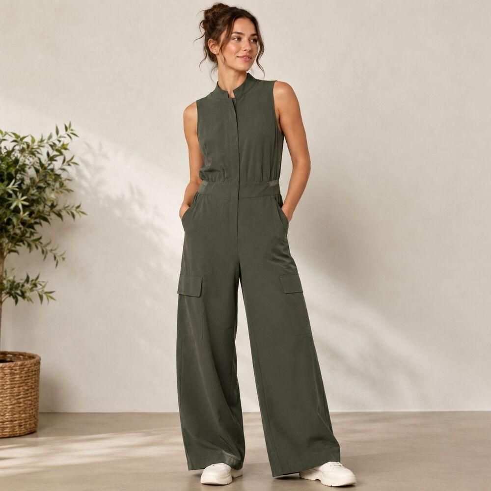 Athleta Brooklyn Utility Jumpsuit Aspen Olive Cargo Wide Leg Sleeveless Size 4